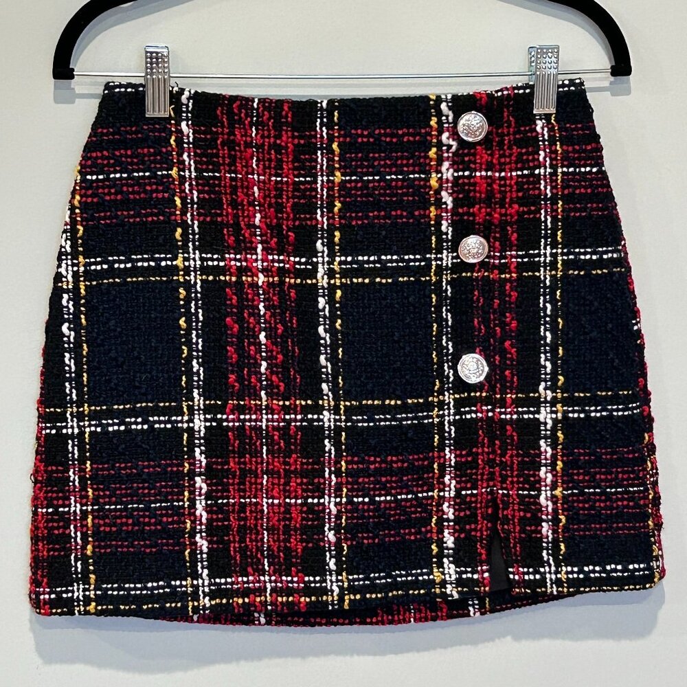 Navy Blue and Red Plaid Tweed Mini Skirt with Gold Button Accent - Size 0